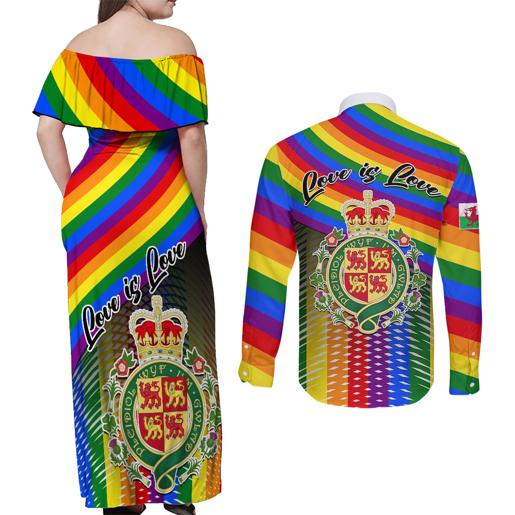 Pride Cymru Couples Matching Off Shoulder Maxi Dress and Long Sleeve Button Shirts Love is Love Welsh Red Dragon - Wonder Print Shop