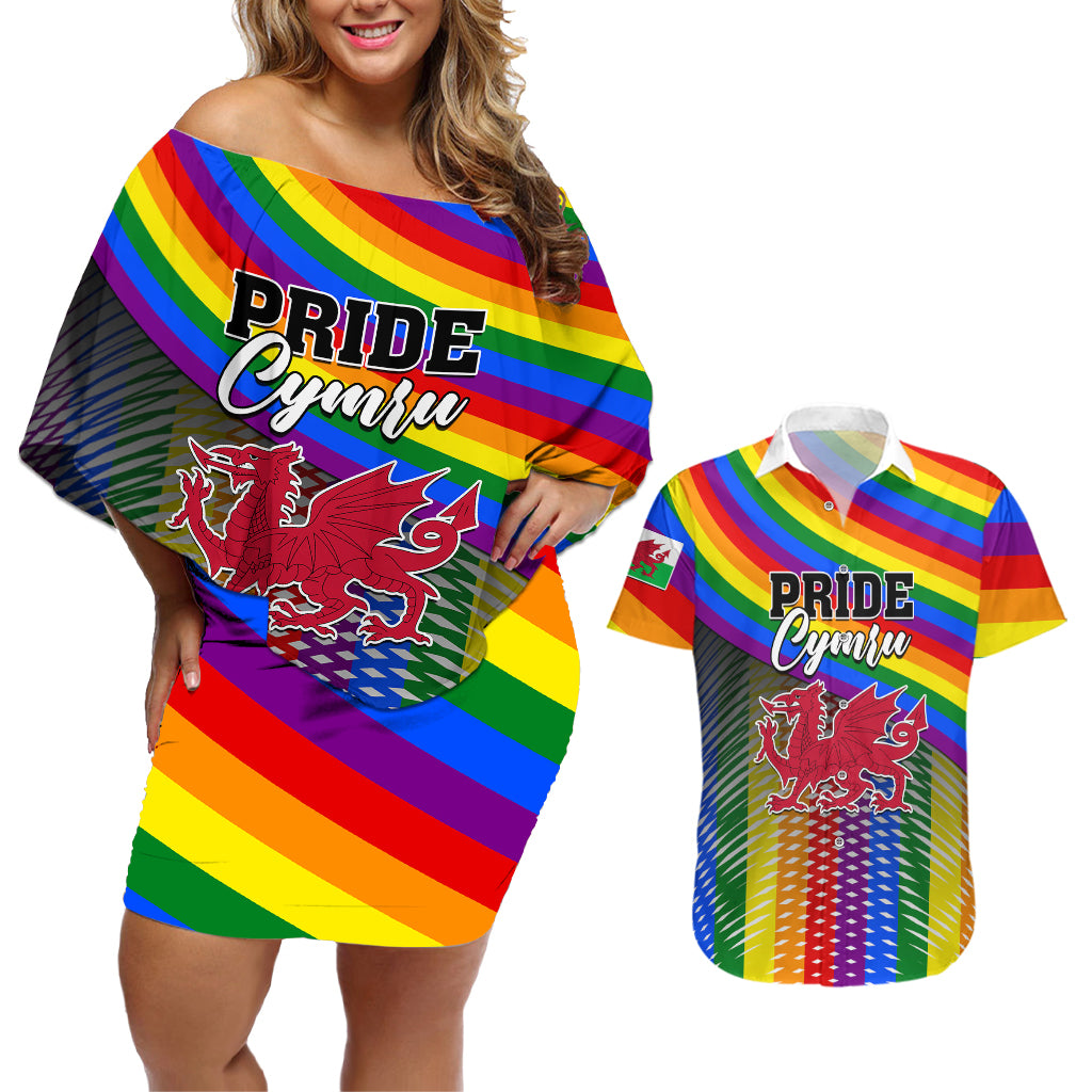 Pride Cymru Couples Matching Off Shoulder Short Dress and Hawaiian Shirt Love is Love Welsh Red Dragon - Wonder Print Shop