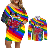 Couples matching off-shoulder short dress and button shirt, rainbow stripes and red dragon print