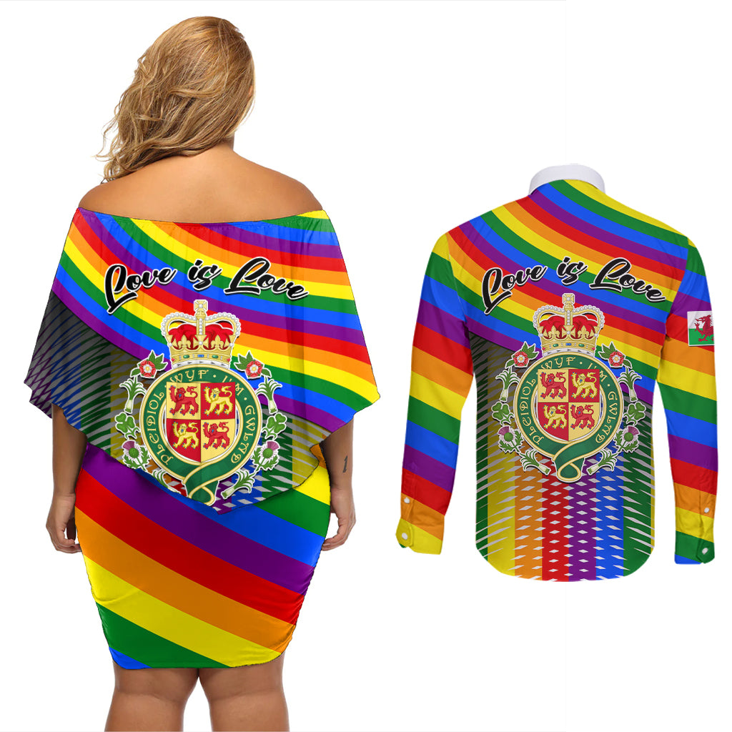 Couples matching off-shoulder short dress and long-sleeve button shirt, rainbow stripes and crest