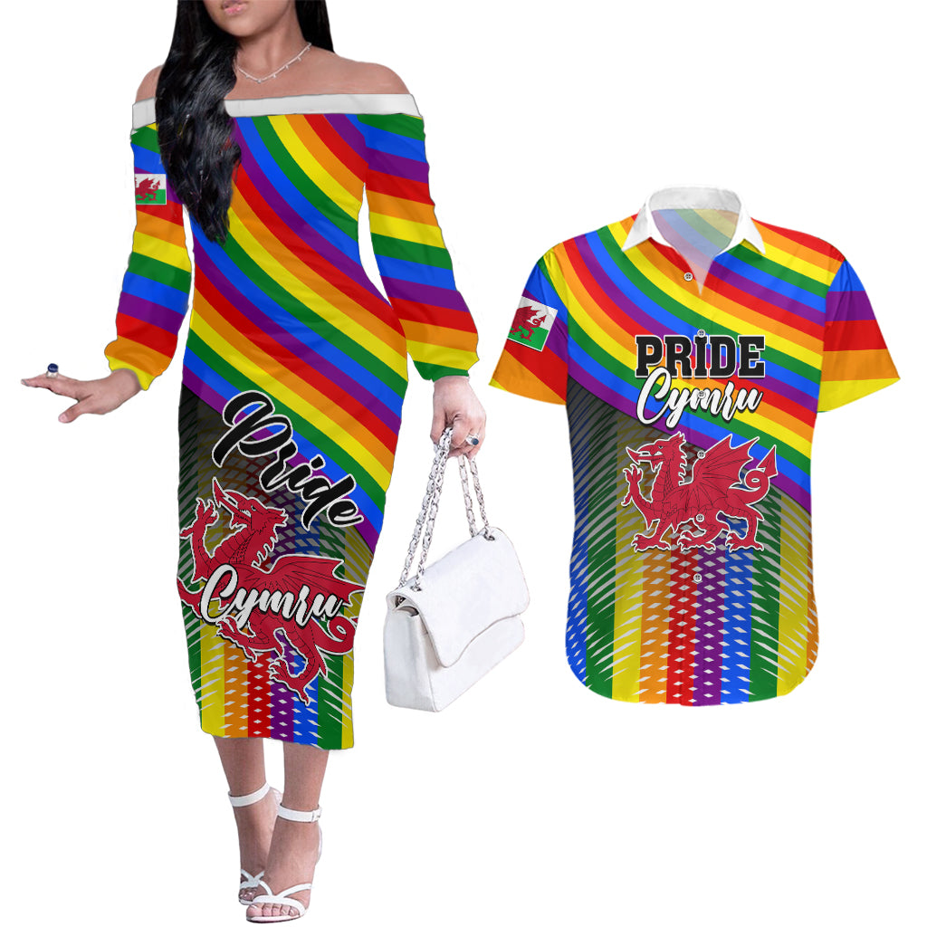 Pride Cymru Couples Matching Off The Shoulder Long Sleeve Dress and Hawaiian Shirt Love is Love Welsh Red Dragon - Wonder Print Shop