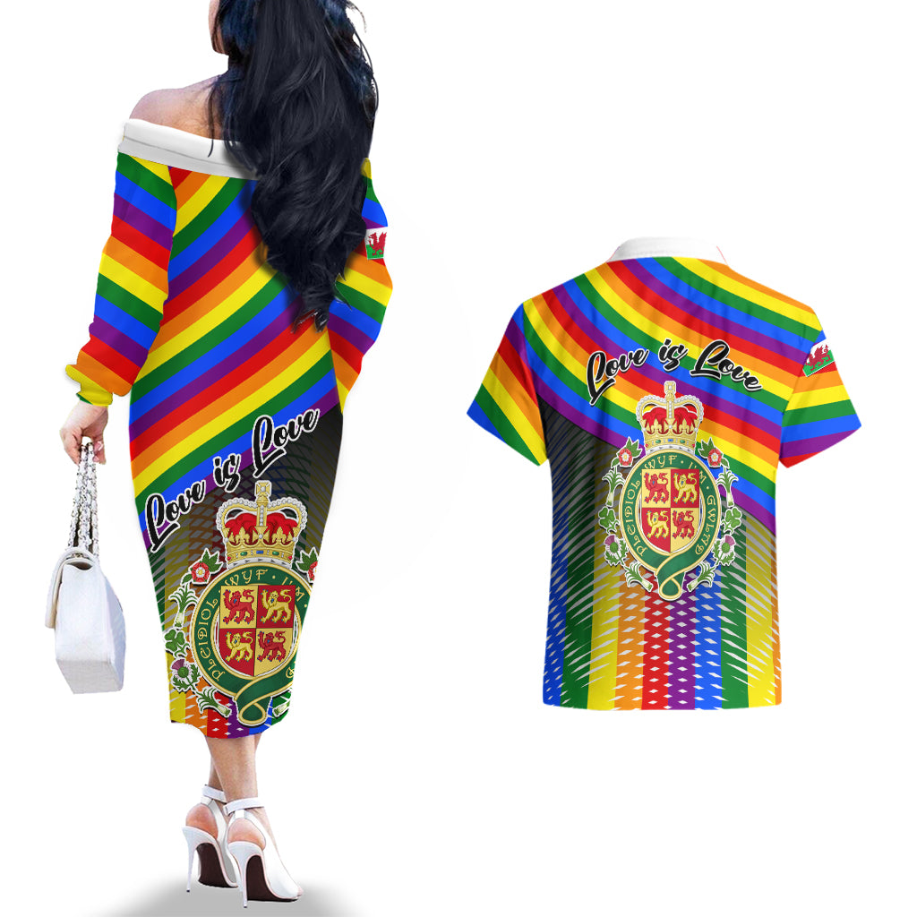 Pride Cymru Couples Matching Off The Shoulder Long Sleeve Dress and Hawaiian Shirt Love is Love Welsh Red Dragon - Wonder Print Shop