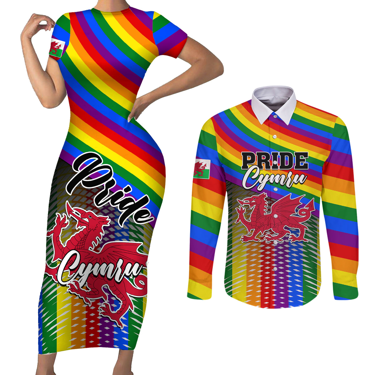 Pride Cymru Couples Matching Short Sleeve Bodycon Dress and Long Sleeve Button Shirts Love is Love Welsh Red Dragon - Wonder Print Shop