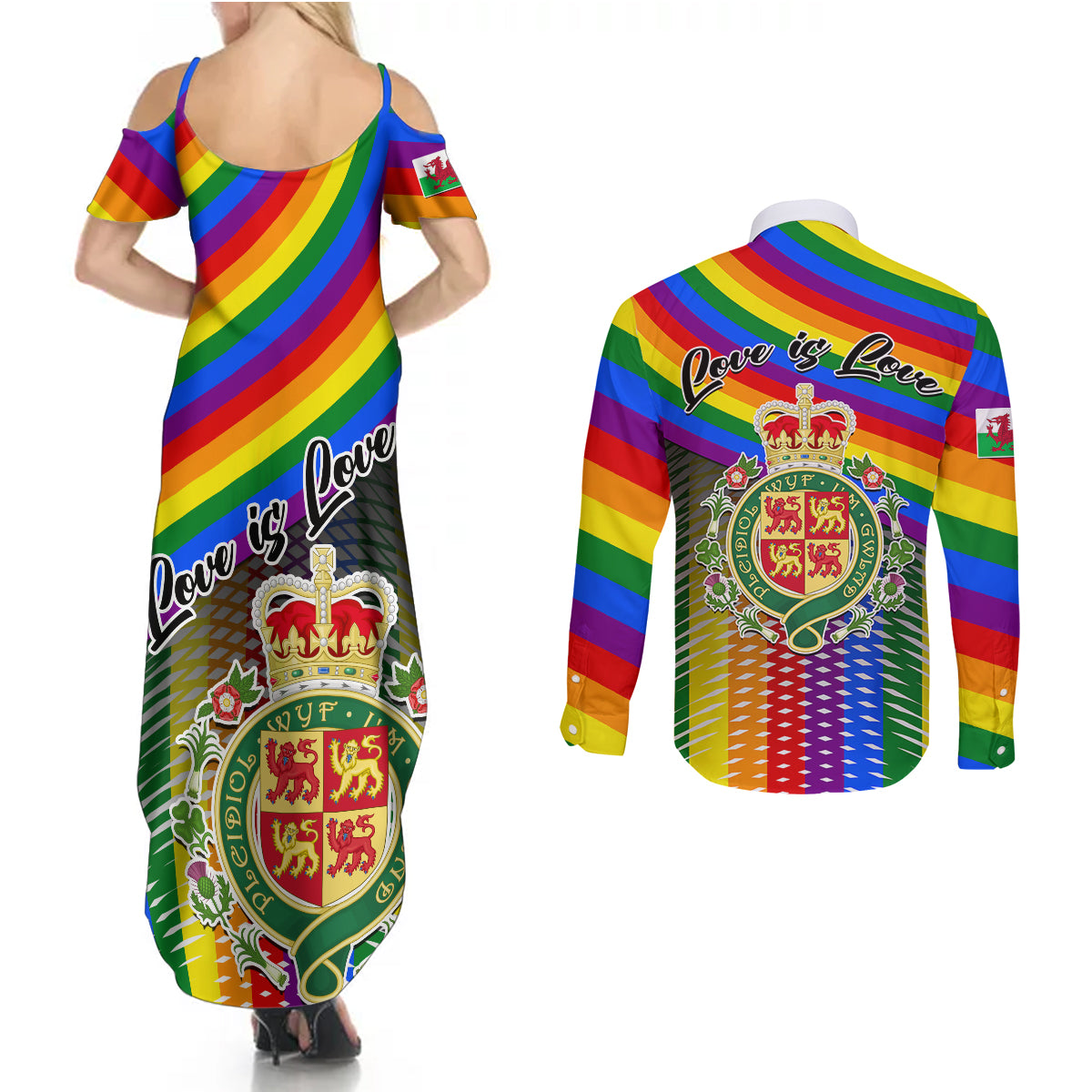 Pride Cymru Couples Matching Summer Maxi Dress and Long Sleeve Button Shirts Love is Love Welsh Red Dragon - Wonder Print Shop