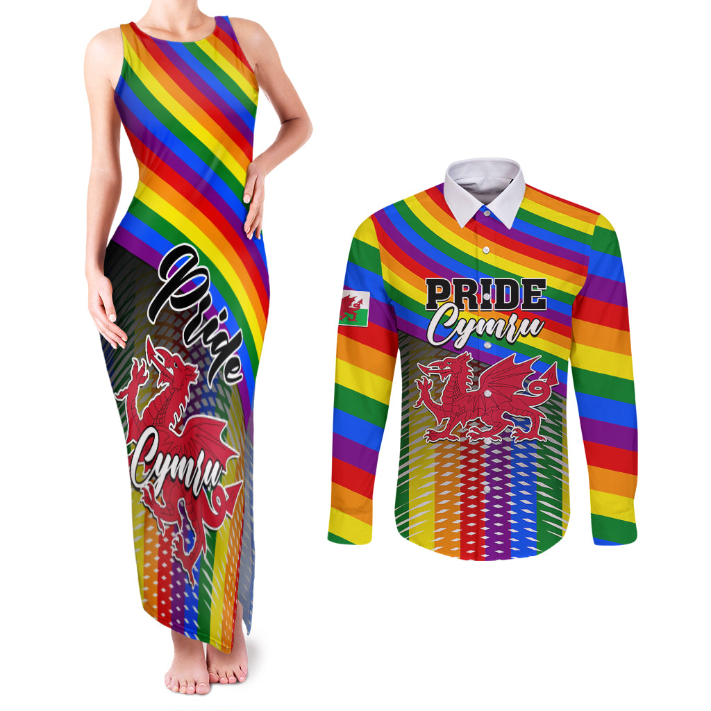 Pride Cymru Couples Matching Tank Maxi Dress and Long Sleeve Button Shirts Love is Love Welsh Red Dragon - Wonder Print Shop