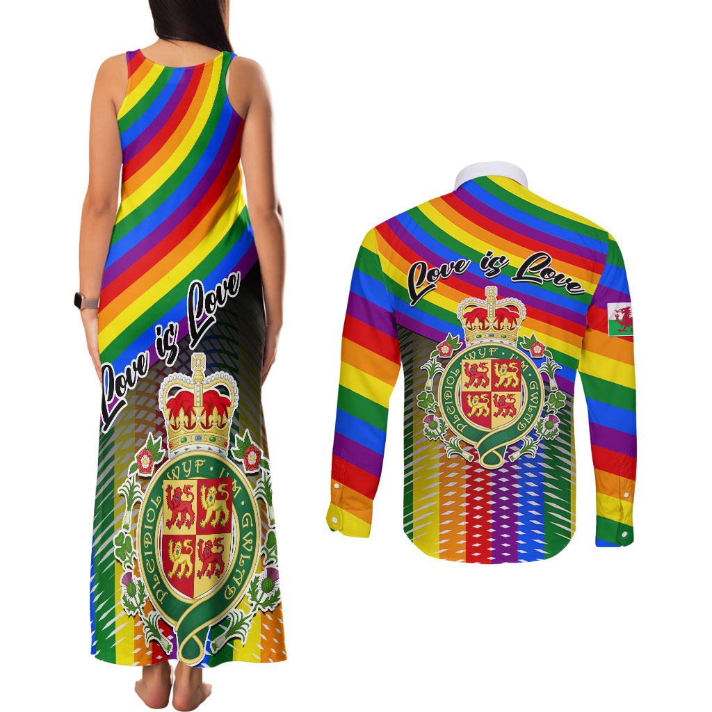 Pride Cymru Couples Matching Tank Maxi Dress and Long Sleeve Button Shirts Love is Love Welsh Red Dragon - Wonder Print Shop