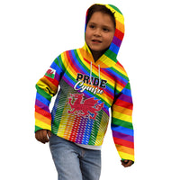 Kids rainbow striped hoodie with Pride Cymru front graphic, hood, and kangaroo pocket