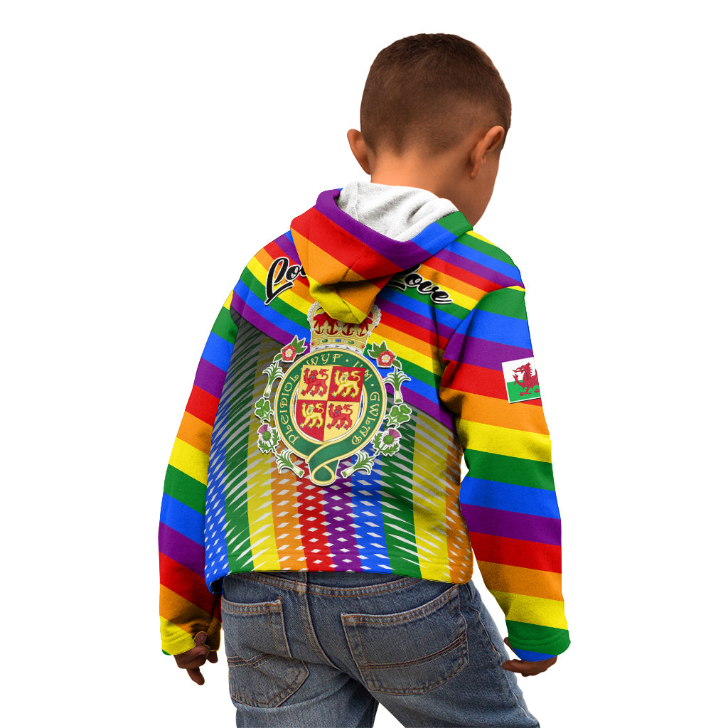 Kids rainbow striped hoodie from back with Love is Love text and Welsh crest