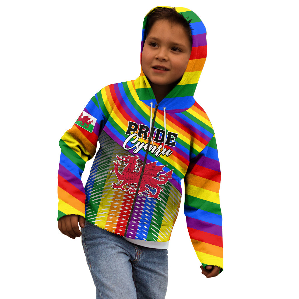 Kids rainbow striped hoodie with Pride Cymru front graphic, hood, and kangaroo pocket