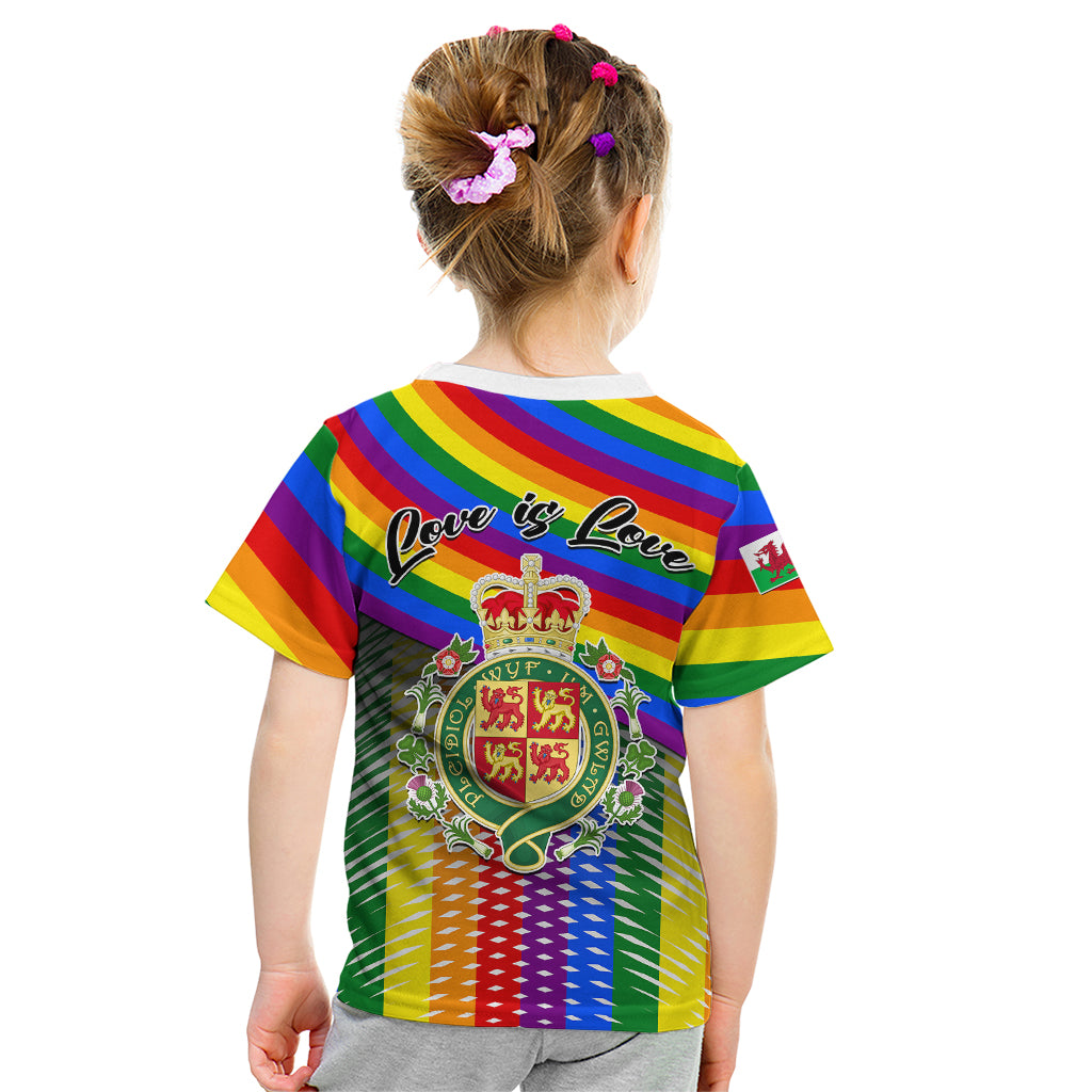 Kids rainbow striped T-shirt with Love is Love text and Welsh crest graphic on back