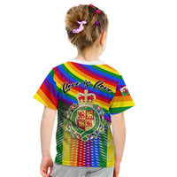 Kids rainbow striped T-shirt with Love is Love text and Welsh crest graphic on back