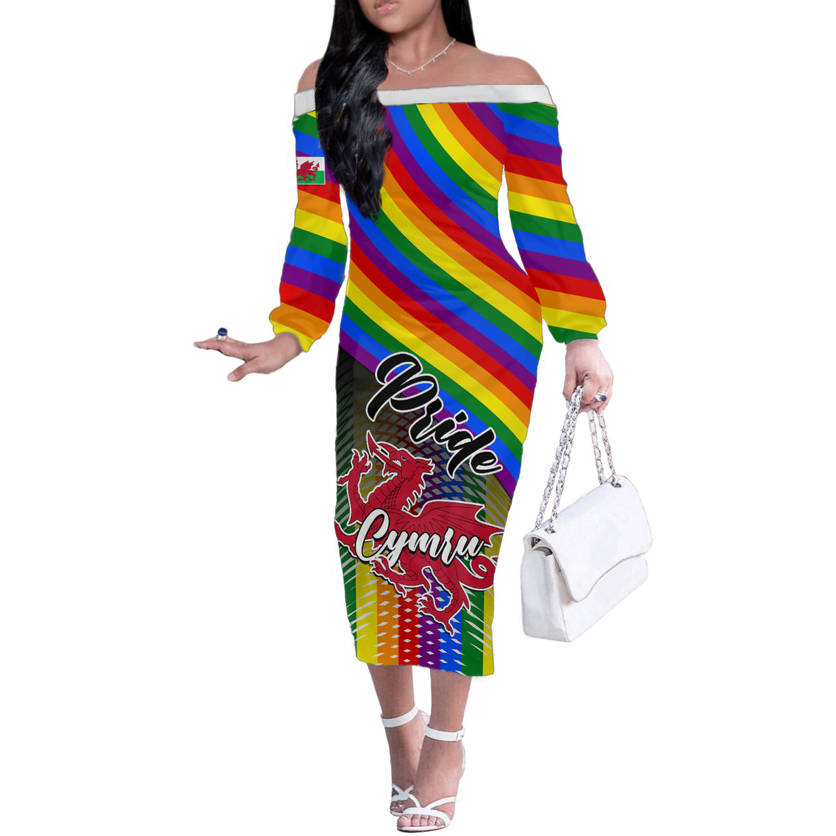 Pride Cymru Off The Shoulder Long Sleeve Dress Love is Love Welsh Red Dragon - Wonder Print Shop