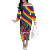 Off-shoulder rainbow long-sleeve midi dress with Welsh dragon crest graphic