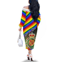 Off-shoulder rainbow long-sleeve midi dress with 'Love is Love' Welsh crest