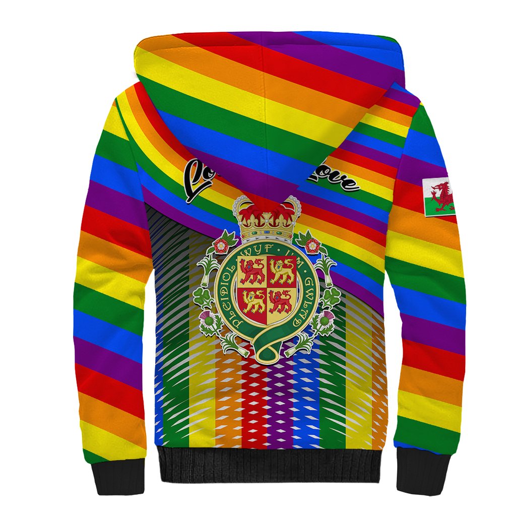 Unisex rainbow sherpa hoodie back with rainbow stripes and Welsh crest graphic