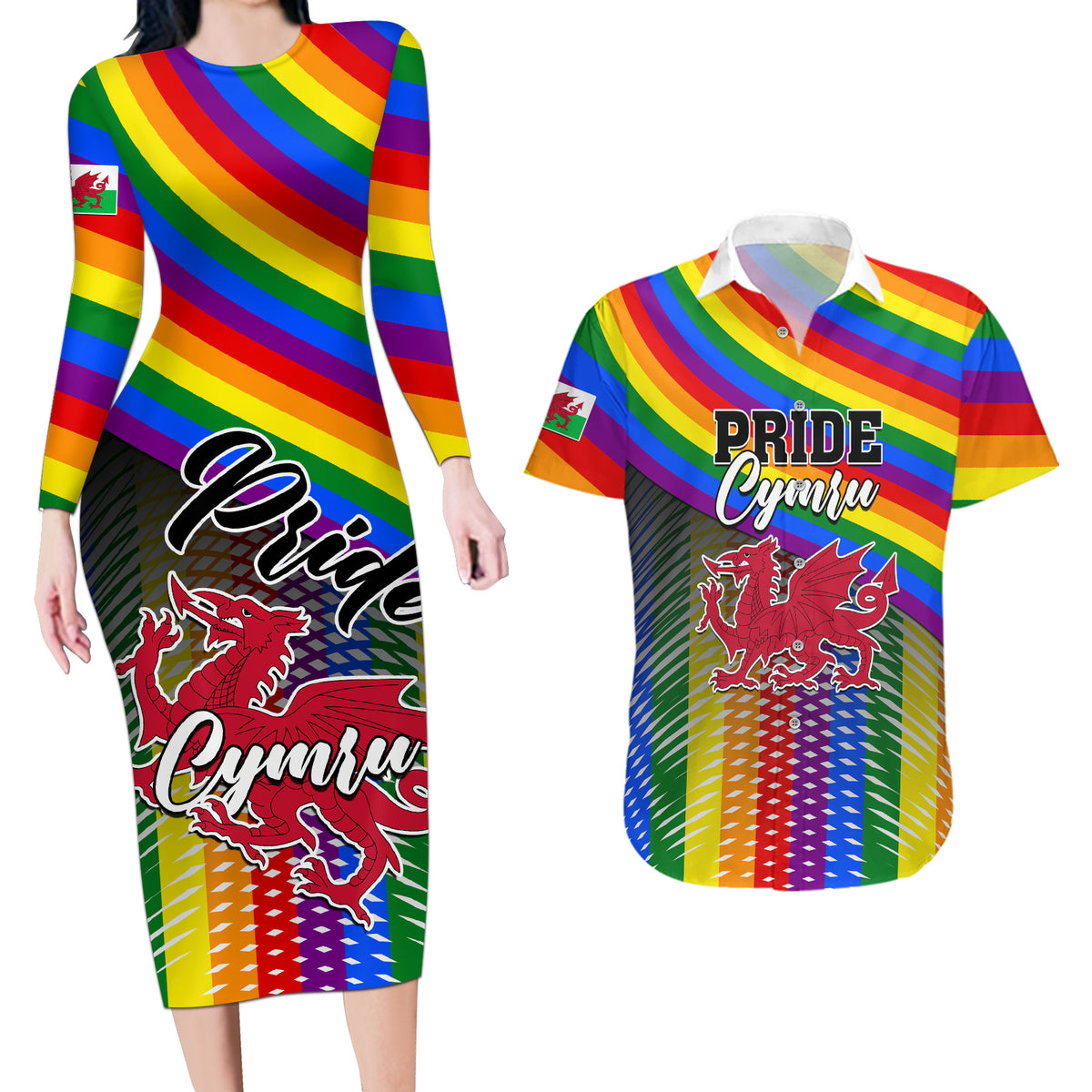 Personalised Pride Cymru Couples Matching Long Sleeve Bodycon Dress and Hawaiian Shirt Love is Love Welsh Red Dragon - Wonder Print Shop