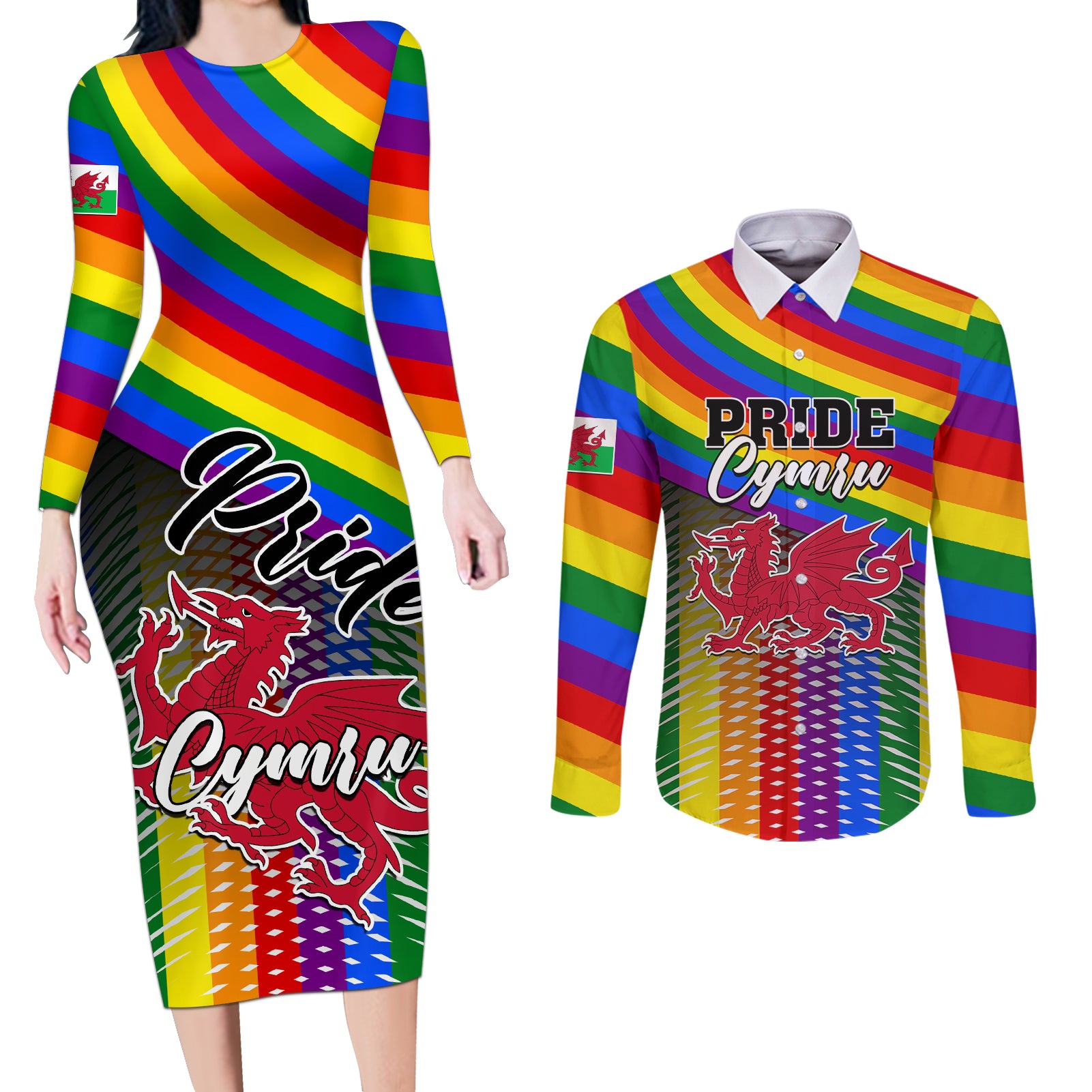 Personalised Pride Cymru Couples Matching Long Sleeve Bodycon Dress and Long Sleeve Button Shirts Love is Love Welsh Red Dragon - Wonder Print Shop