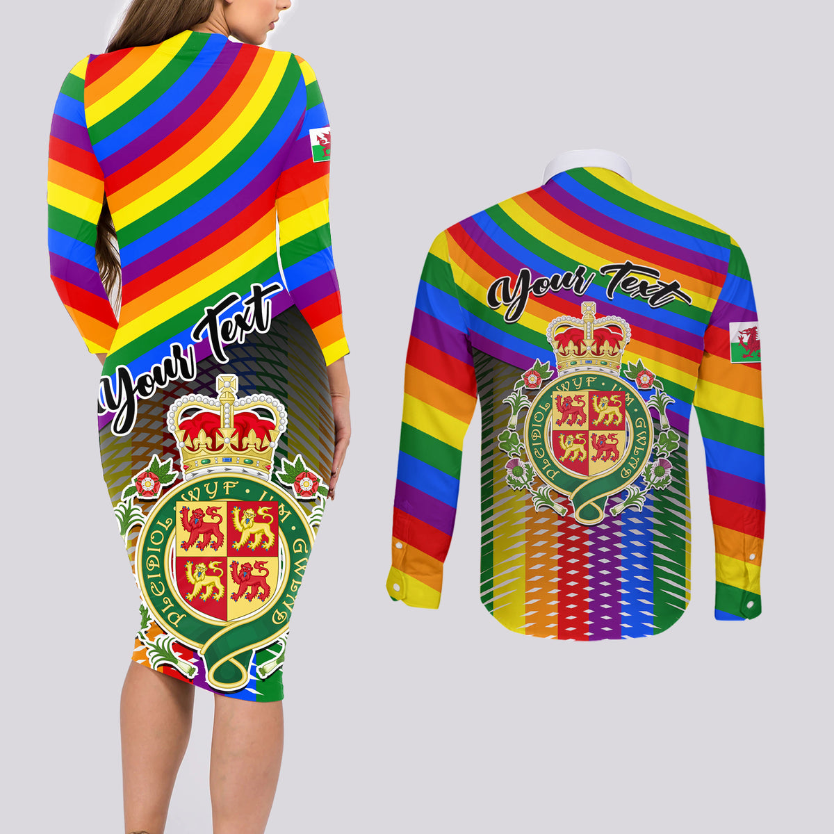 Personalised Pride Cymru Couples Matching Long Sleeve Bodycon Dress and Long Sleeve Button Shirts Love is Love Welsh Red Dragon - Wonder Print Shop