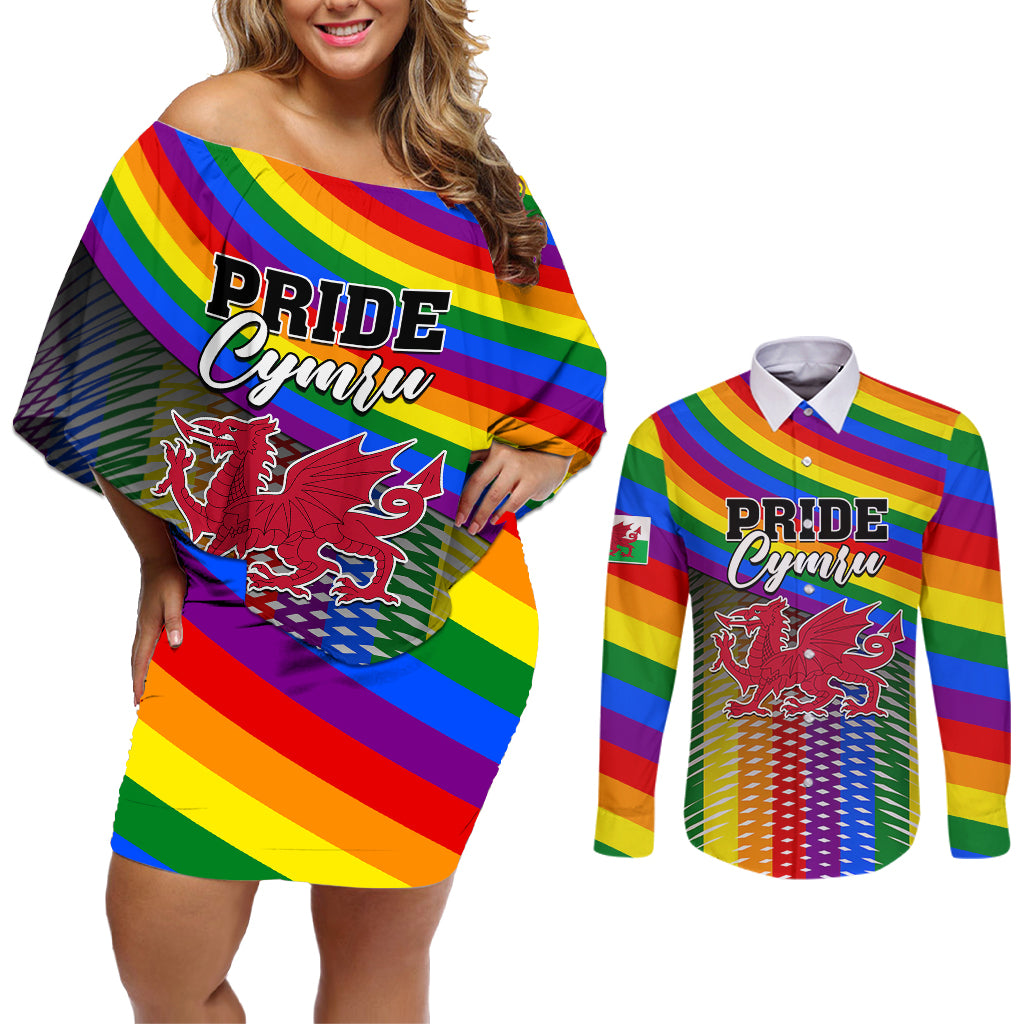 Personalised Pride Cymru Couples Matching Off Shoulder Short Dress and Long Sleeve Button Shirts Love is Love Welsh Red Dragon - Wonder Print Shop
