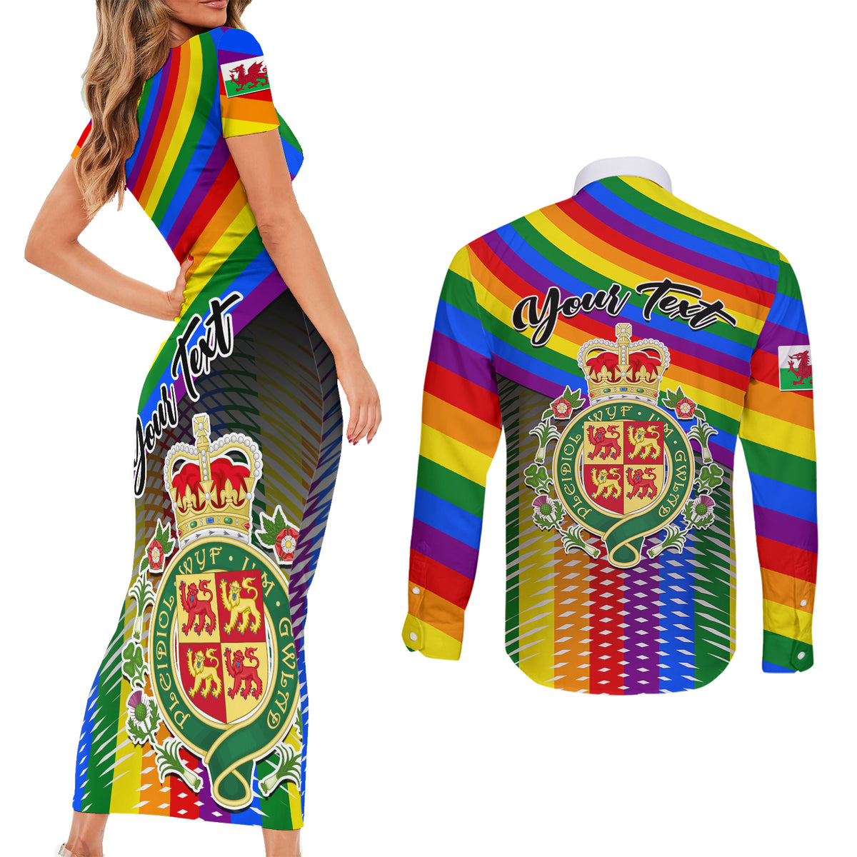 Personalised Pride Cymru Couples Matching Short Sleeve Bodycon Dress and Long Sleeve Button Shirts Love is Love Welsh Red Dragon - Wonder Print Shop