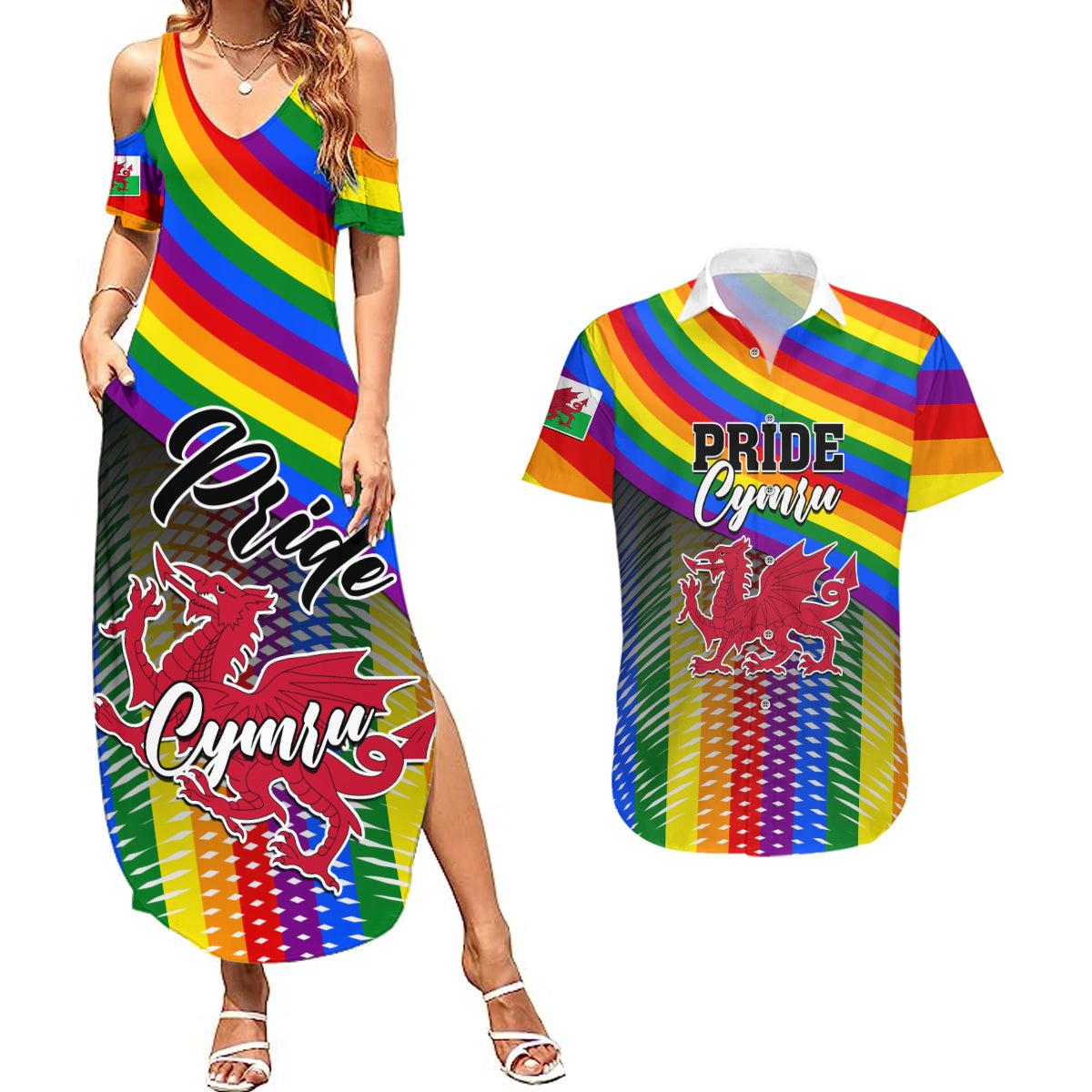 Personalised Pride Cymru Couples Matching Summer Maxi Dress and Hawaiian Shirt Love is Love Welsh Red Dragon - Wonder Print Shop
