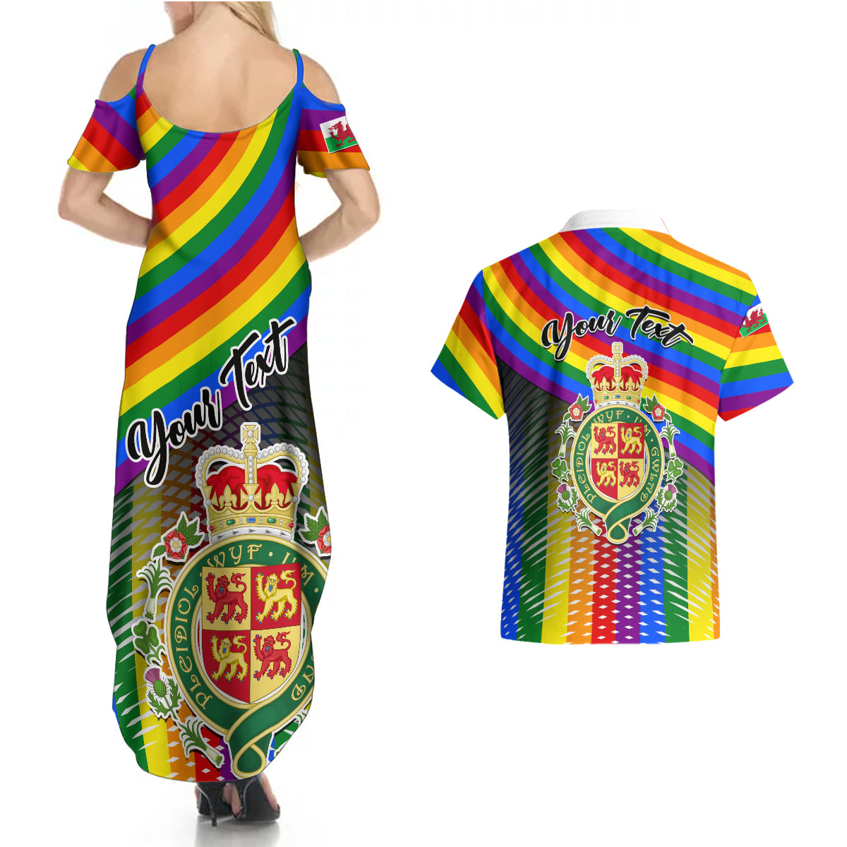 Personalised Pride Cymru Couples Matching Summer Maxi Dress and Hawaiian Shirt Love is Love Welsh Red Dragon - Wonder Print Shop