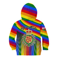 Kids rainbow pride hoodie, hooded back view with Welsh crest and "Your Text"