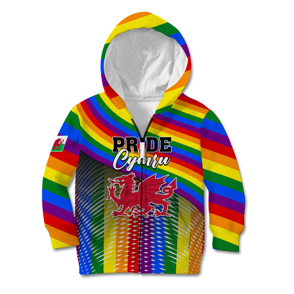 Kids rainbow pride hoodie with hood up and front Welsh dragon crest graphic