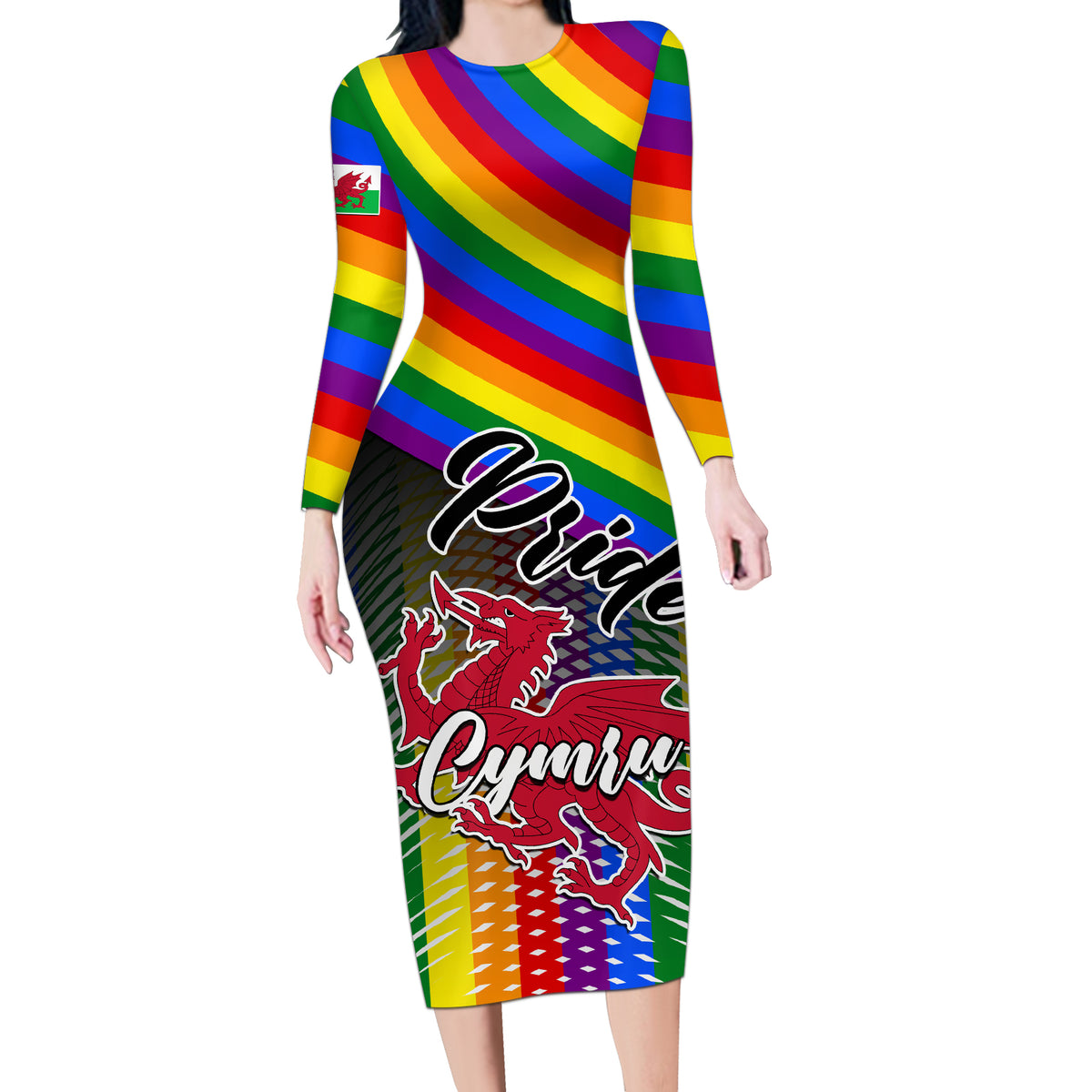 Personalised Pride Cymru Long Sleeve Bodycon Dress Love is Love Welsh Red Dragon - Wonder Print Shop