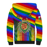 Rainbow sherpa hoodie with large crest, Pride stripes, and Welsh flag sleeve patches
