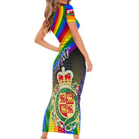 Rainbow short-sleeve bodycon dress with Welsh crest, crown, and Pride Cymru artwork