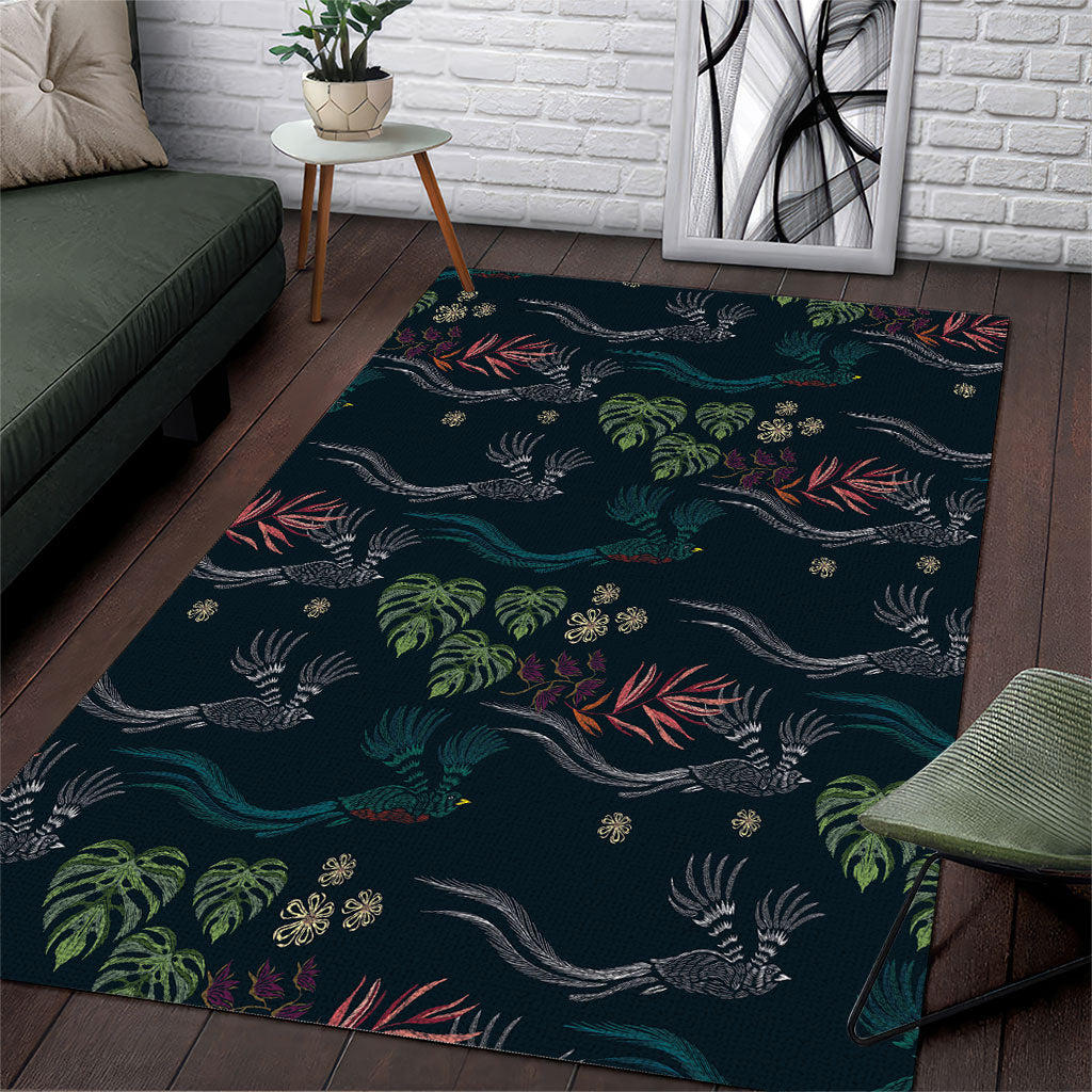 Guatemala Quetzal Bird Pattern Area Rug Embroidery Effect