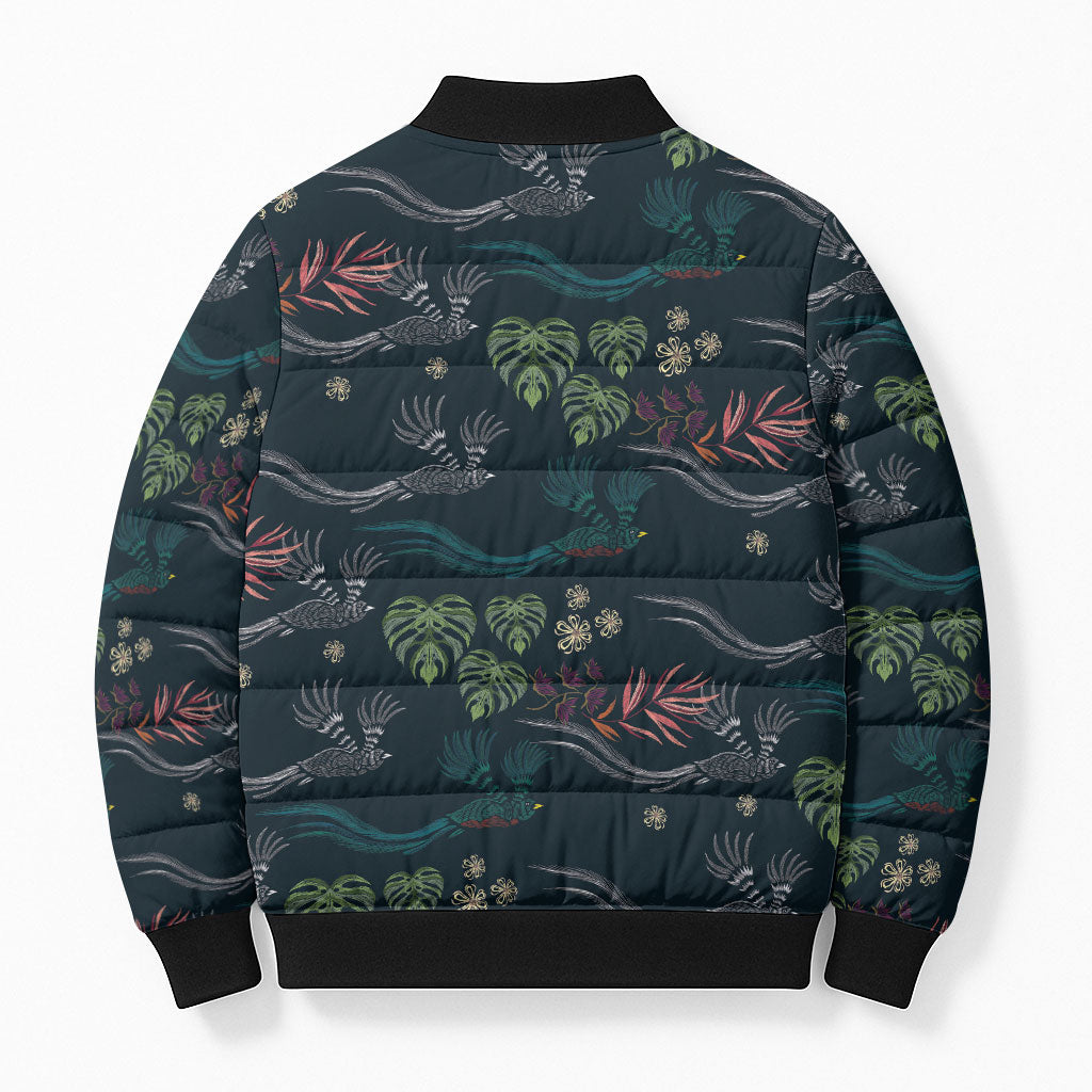 Guatemala Quetzal Bird Pattern Bomber Puffer Jacket Embroidery Effect
