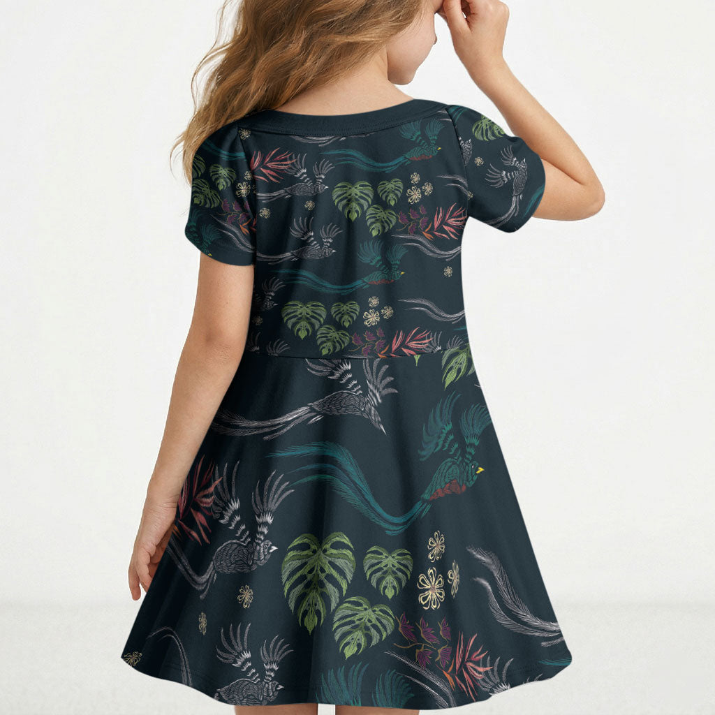 Guatemala Quetzal Bird Pattern Kid Short Sleeve Dress Embroidery Effect