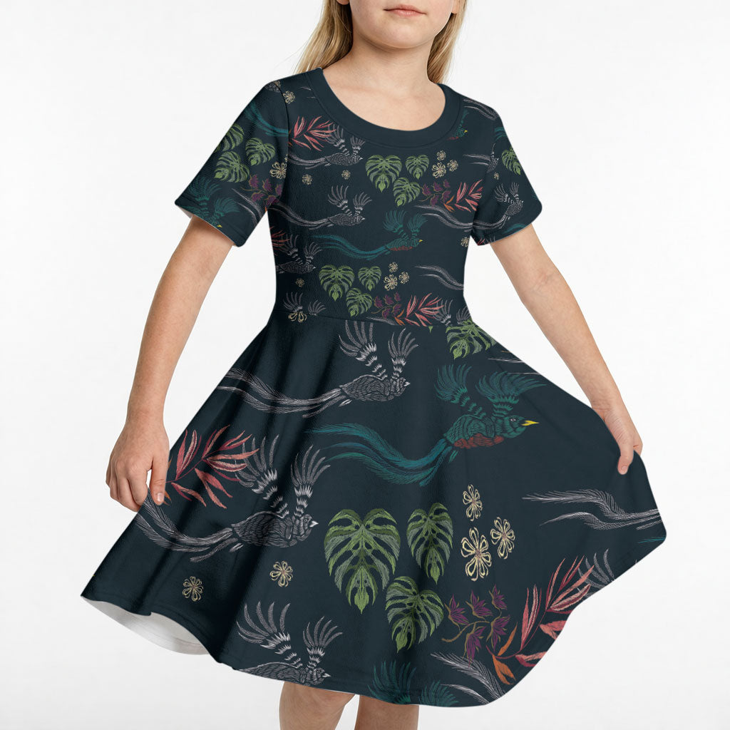 Guatemala Quetzal Bird Pattern Kid Short Sleeve Dress Embroidery Effect
