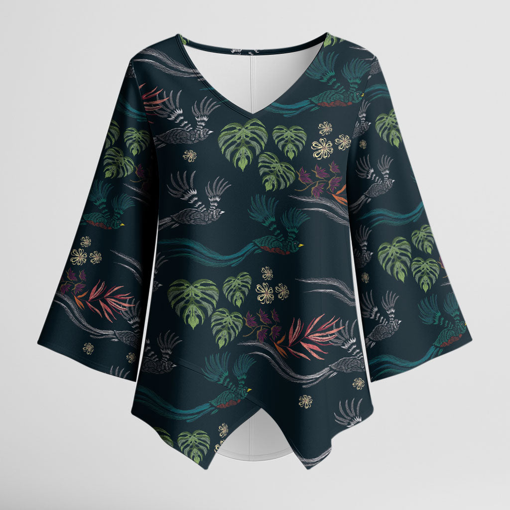 Guatemala Quetzal Bird Pattern Kimono Sleeve Blouse Embroidery Effect