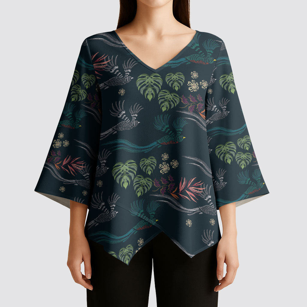 Guatemala Quetzal Bird Pattern Kimono Sleeve Blouse Embroidery Effect