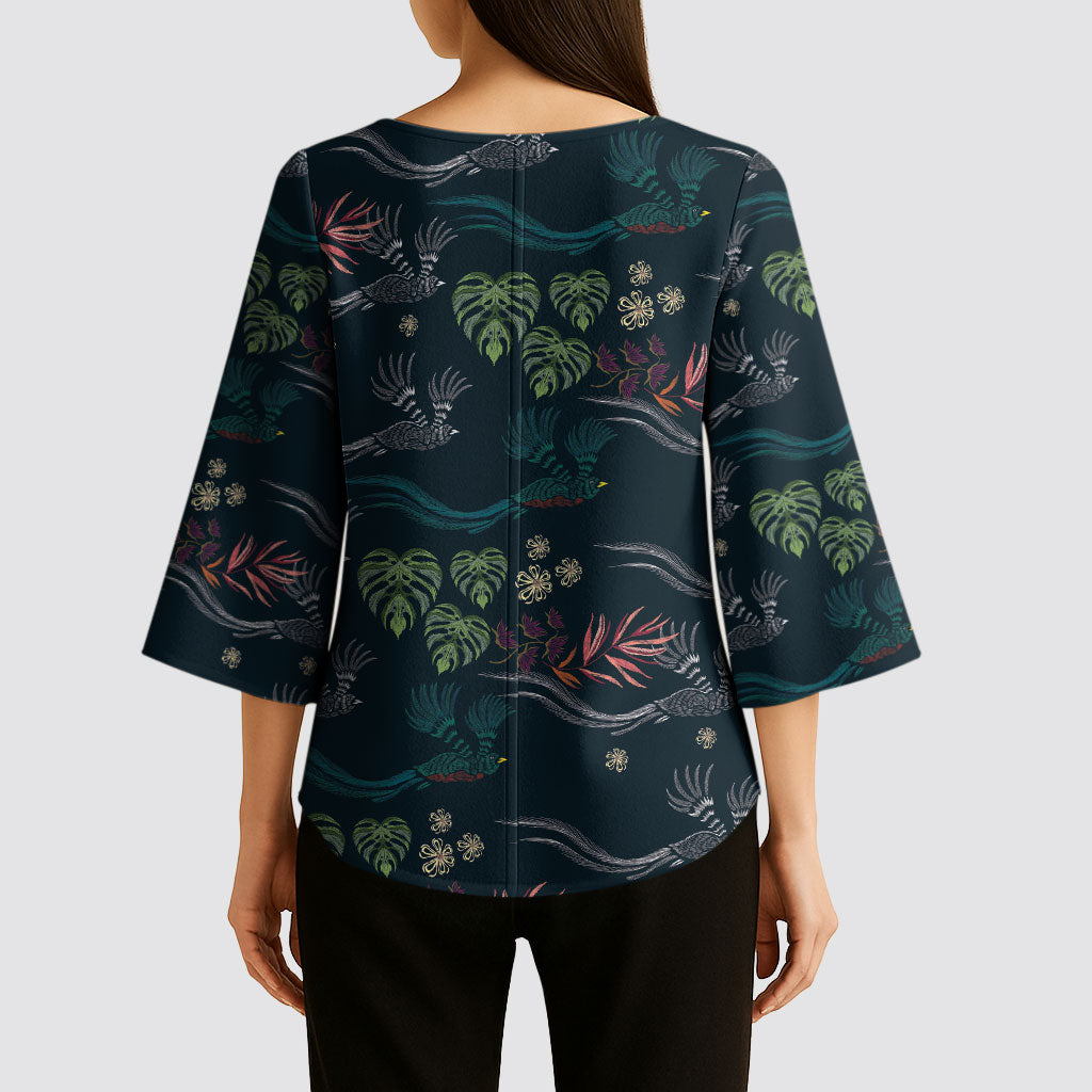 Guatemala Quetzal Bird Pattern Kimono Sleeve Blouse Embroidery Effect