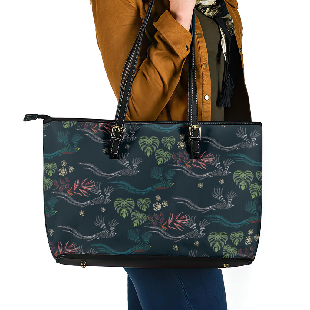 Guatemala Quetzal Bird Pattern Leather Tote Bag Embroidery Effect