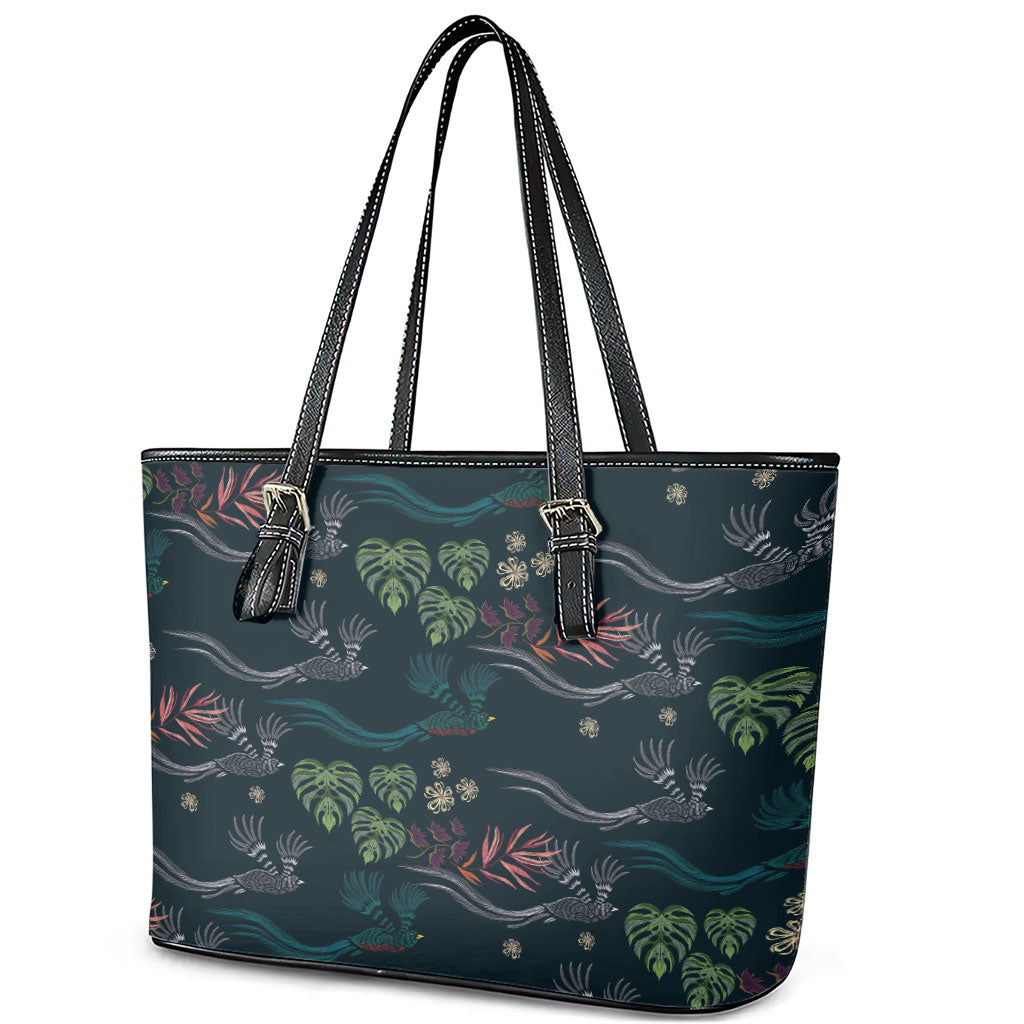 Guatemala Quetzal Bird Pattern Leather Tote Bag Embroidery Effect