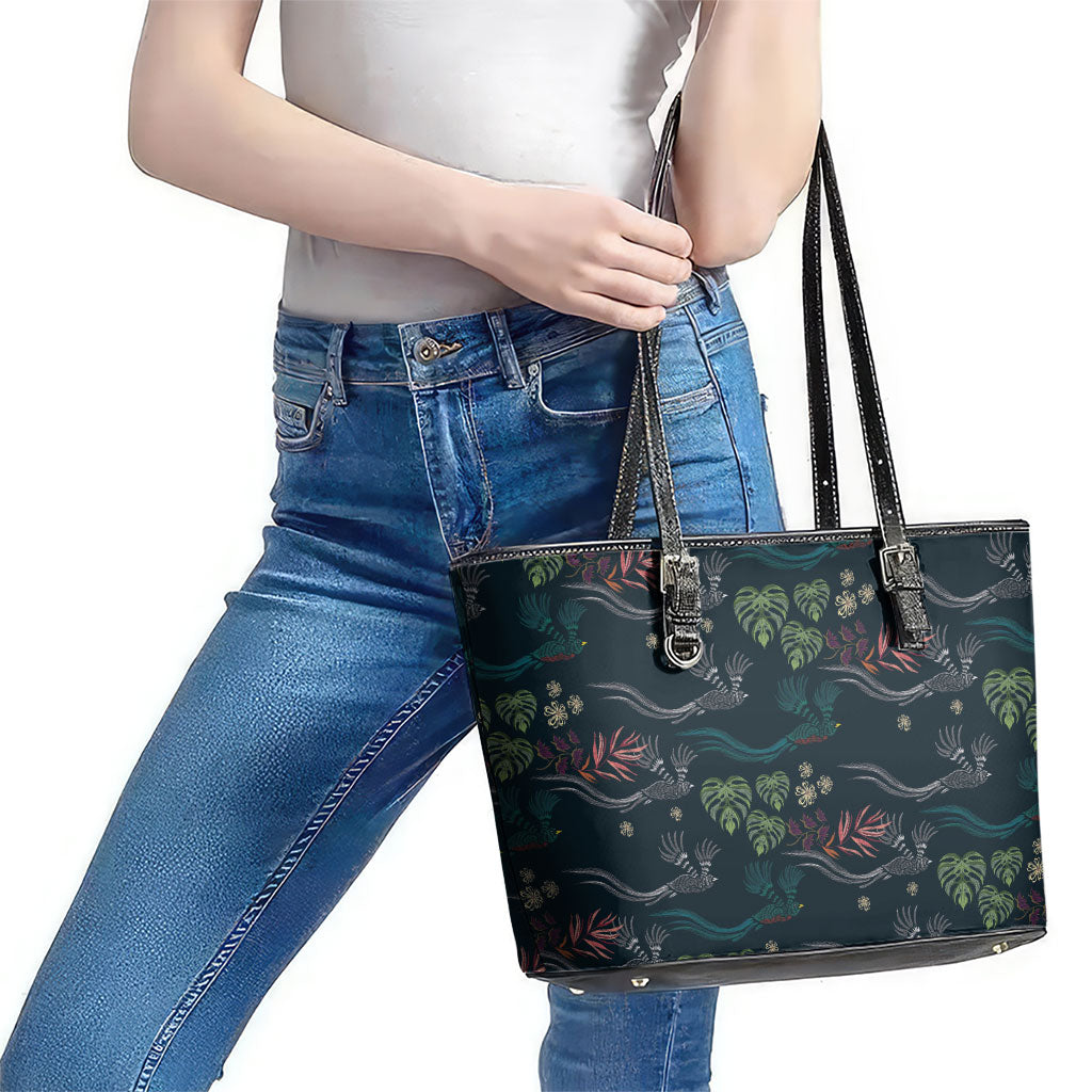 Guatemala Quetzal Bird Pattern Leather Tote Bag Embroidery Effect