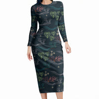 Guatemala Quetzal Bird Pattern Long Sleeve Bodycon Dress Embroidery Effect