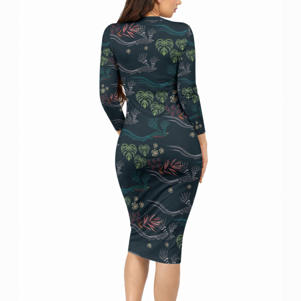 Guatemala Quetzal Bird Pattern Long Sleeve Bodycon Dress Embroidery Effect