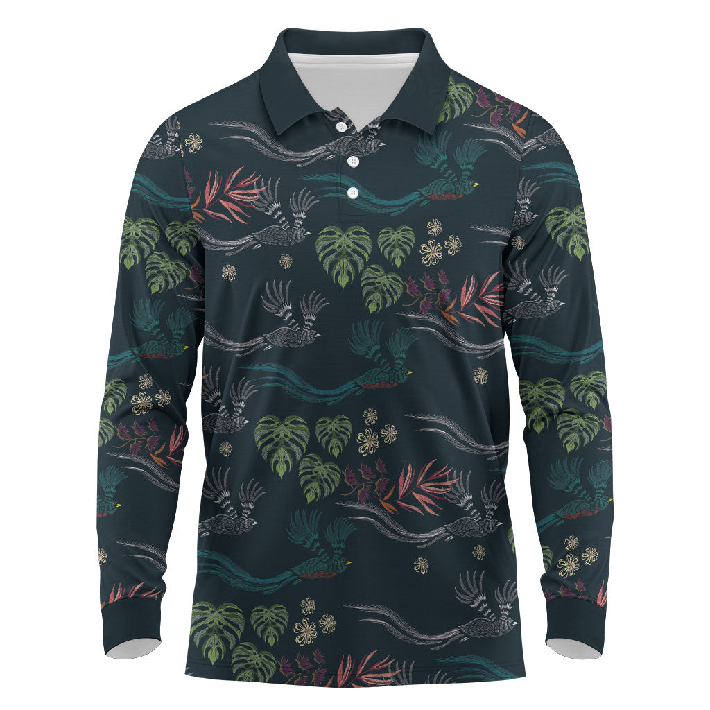 Guatemala Quetzal Bird Pattern Long Sleeve Polo Shirt Embroidery Effect