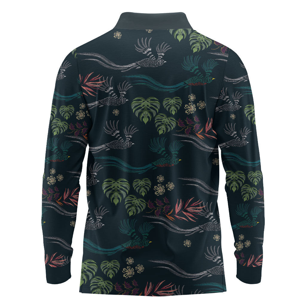 Guatemala Quetzal Bird Pattern Long Sleeve Polo Shirt Embroidery Effect