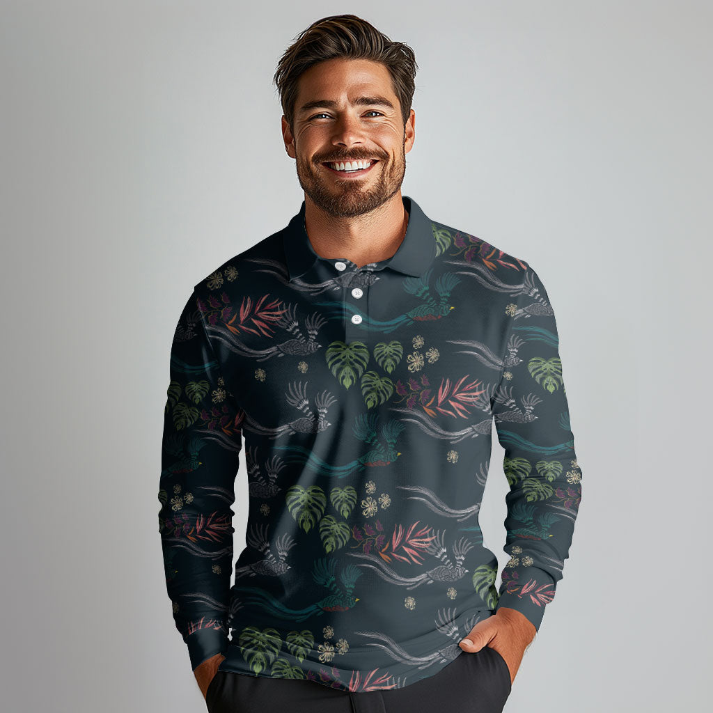 Guatemala Quetzal Bird Pattern Long Sleeve Polo Shirt Embroidery Effect
