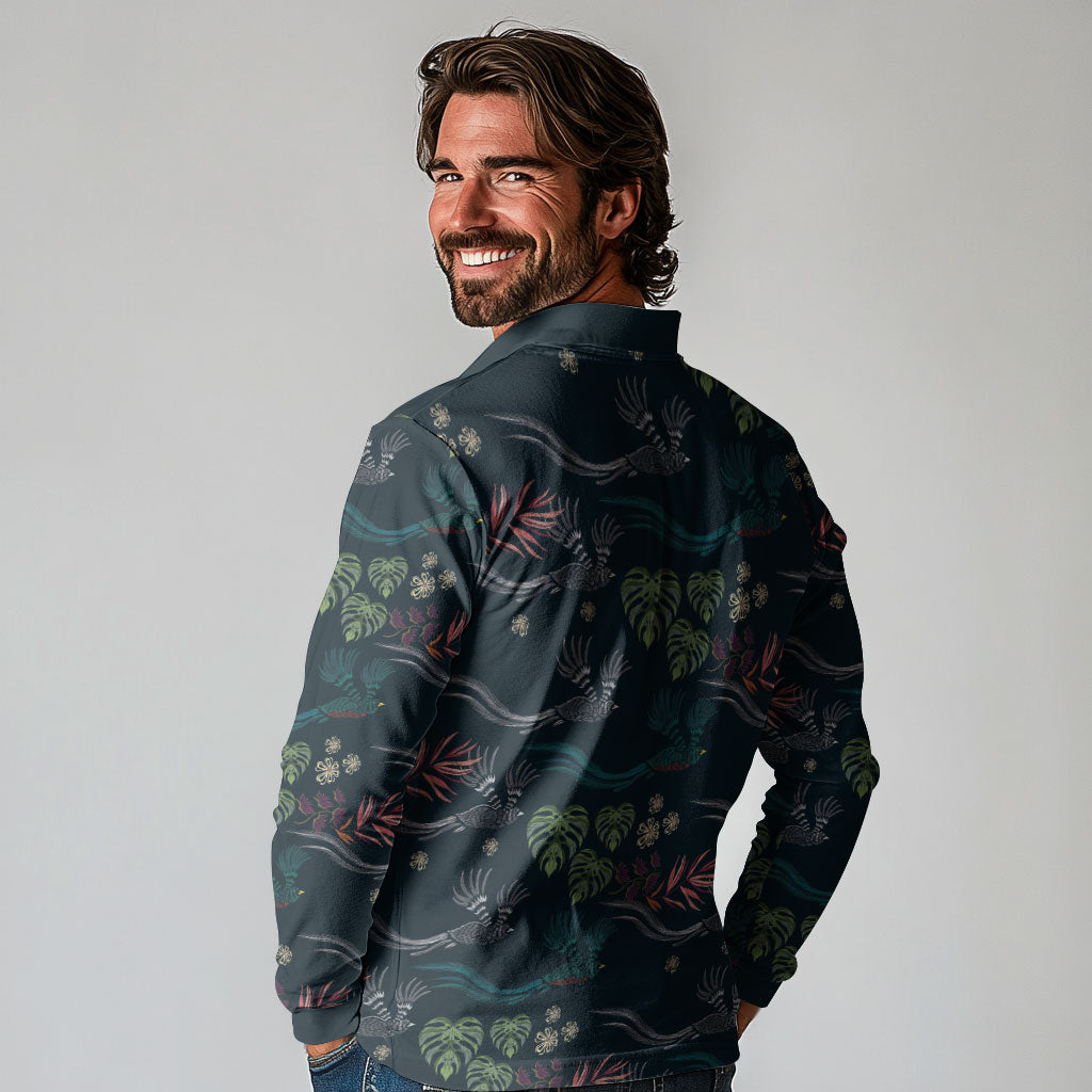 Guatemala Quetzal Bird Pattern Long Sleeve Polo Shirt Embroidery Effect