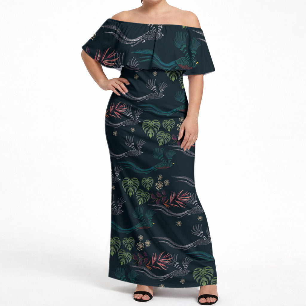 Guatemala Quetzal Bird Pattern Off Shoulder Maxi Dress Embroidery Effect