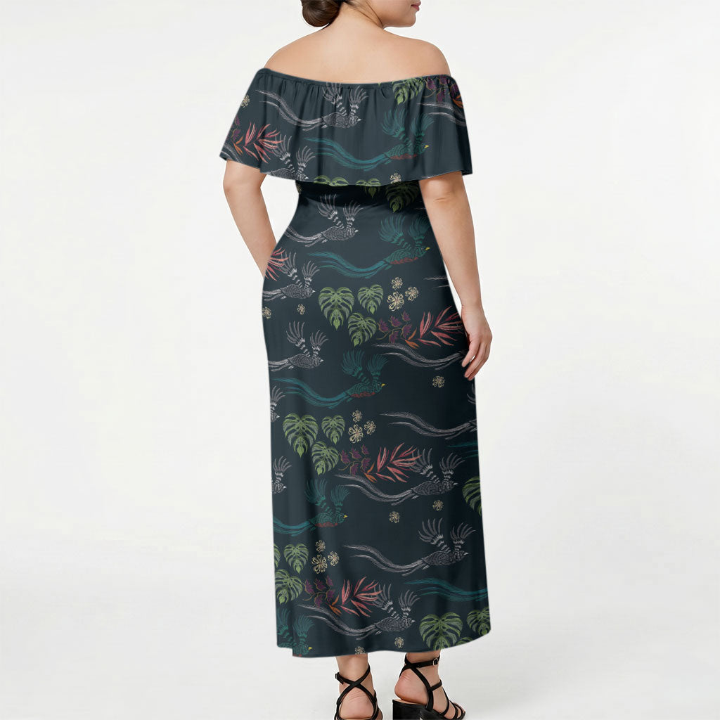 Guatemala Quetzal Bird Pattern Off Shoulder Maxi Dress Embroidery Effect