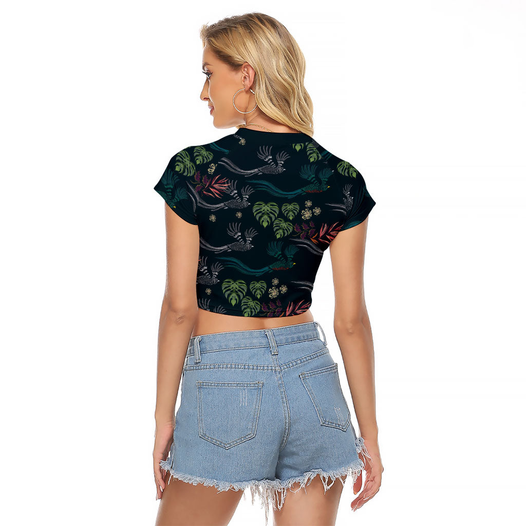 Guatemala Quetzal Bird Pattern Raglan Cropped T Shirt Embroidery Effect